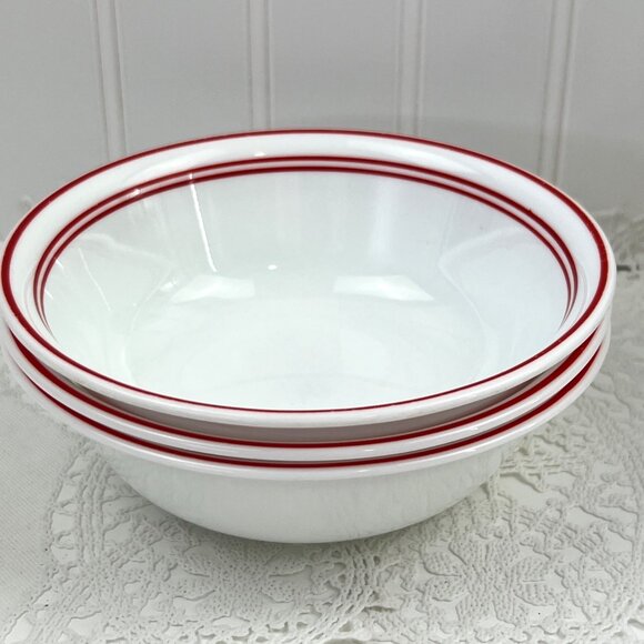 Corelle Vitrelle 3 Classic Cafe Red Coupe Cereal Soup Bowls White Red Band Edge - Picture 5 of 10